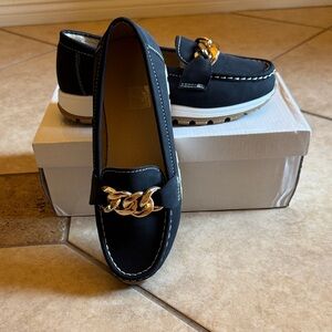 Women's Black Loafers with Gold Chain